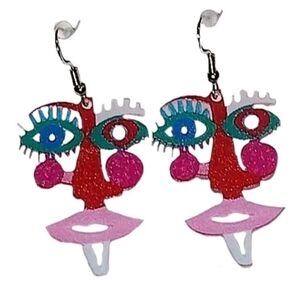 Picasso Inspired Art Artist Face Painting Dangle Drop Silver Plated Earrings